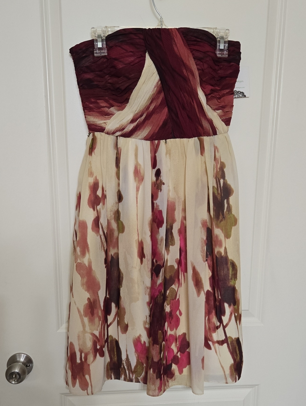 Donna Morgan Strapless Floral Chiffon Dress in Burgundy and Cream